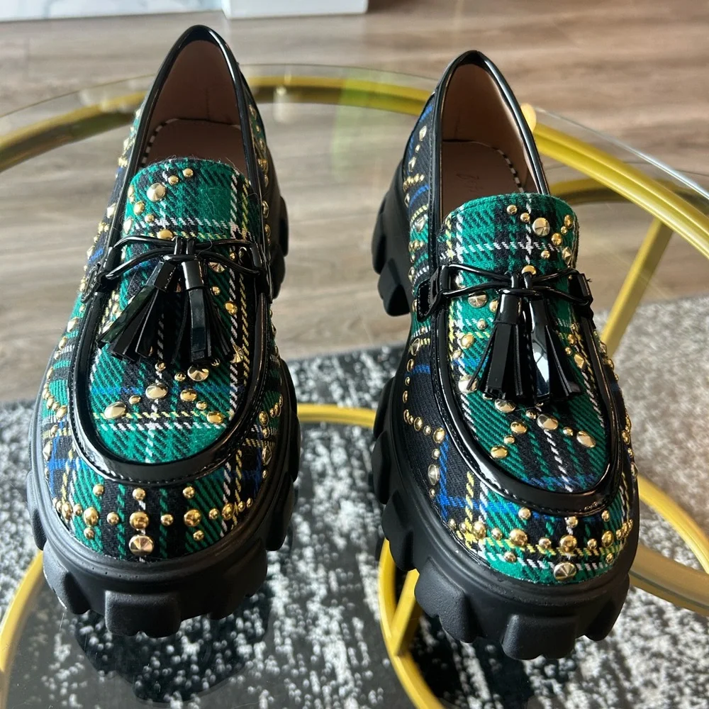 Betsey Johnson Green and Blue Plaid Tassel Loafers with Gold Studs - Picture 3 of 3